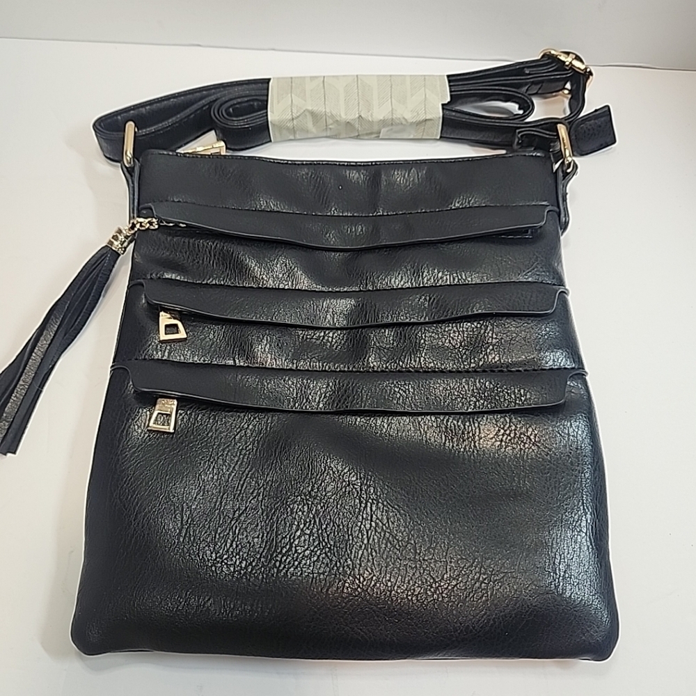 Black Multi Pocket Crossbody Purse Bag Faux Leather Gold Hardware Tassle Accent